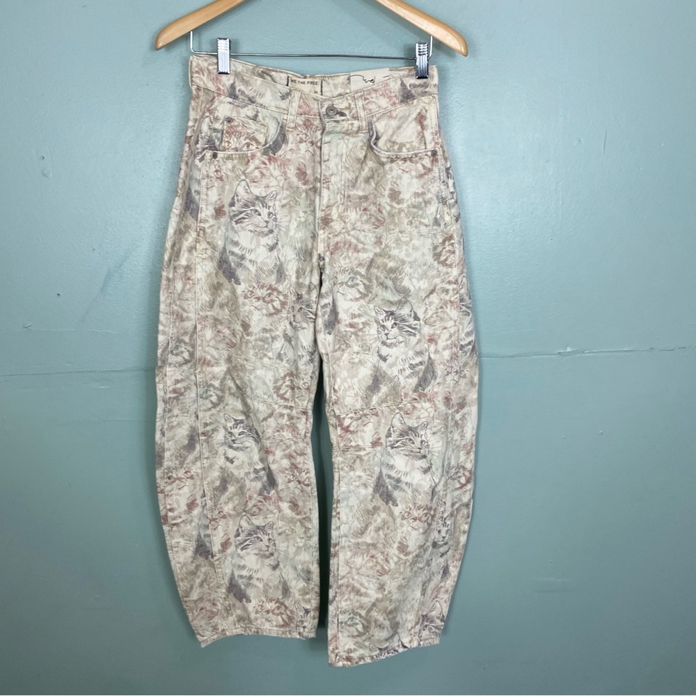 Free People Good Luck Barrel Jeans Bow Leg Baggy Cat Kitten AOP All Over Print - Picture 2 of 10